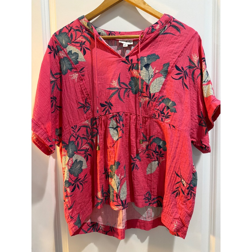 Wonderly Pink Floral Cotton Gauze Peasant Blouse Top Small Boho Lace Trim